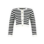 Frm Kadın Moda Şık Crop Bisiklet Yaka Uzun Kol Çizgili Crop Ceket Görünümlü Triko Hırka, Ekru, M