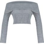FRM Kadın Moda Şık Crop Carmen Yaka Uzun Kol Düz Süper Crop Carmen Yaka Triko Kazak - Açık Gri