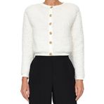 Frm Kadın Moda Şık Crop Düğmeli Yaka Uzun Kol Düz Gold Düğmeli Peluş Crop Örme Hırka, Ekru, S