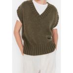 Frm Kadın Moda Şık Crop V Yaka Kolsuz Düz Crop Yumuşak Dokulu Triko Süveter - Haki