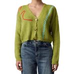 Frm Kadın Moda Şık Crop V Yaka Regular Crop Yumuşak Dokulu Nakış Detaylı V Yaka Triko Hırka, Yeşil, S