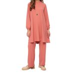 Frm Kadın Moda Şık Geniş Paça Haki Kolu Lastikli Bol Paça Aerobin Tunik-Pantolon Dokuma Takım, Gül Kurusu, 36