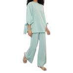 Frm Kadın Moda Şık Geniş Paça Kısa Boy Uzun Kollu Yarasa Kollu Dokuma Aerobin Tunik-Pantolon Takım, Mint, 38