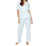 Frm Kadın Moda Şık Gömlek Yaka Boru Paça Kısa Kol Çizgili Viskon Gömlek-Pantolon Dokuma Pijama Takımı, Mavi, 42