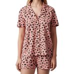 Frm Kadın Moda Şık Gömlek Yaka Boru Paça Kısa Kol%100 Pamuklu Leopar Desenli Örme Pijama Takımı, Pudra-Çok Renkli, Xs