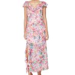 Frm Kadın Moda Şık Maxi Boy V Yaka Regular Çiçekli Fırfırlı Şifon Astarlı Dokuma Elbise, Pembe, 38