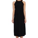 Frm Kadın Moda Şık Midi Boy Halter Yaka Relaxed Shift Düz Sıfır Kol Piliseli Örme Elbise, Siyah, Xl