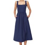 Frm Kadın Moda Şık Midi Boy Kare Yaka Regular Belden Açılan Korse Dikiş Detaylı Dokuma Elbise, Indigo, 34