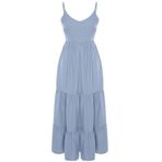 Frm Kadın Moda Şık Midi Boy V Yaka Regular Eteği Volanlı Sırt Bağlama Detaylı Askılı Dokuma Elbise, Indigo, 38