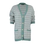 Frm Kadın Moda Şık Midi V Yaka Uzun Kol Dokulu Geniş Kalıp Tüvit Görünümlü Simli Triko Hırka, Mint, S