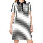 Frm Kadın Moda Şık Mini Boy Düğmeli Yaka Relaxed Beyaz Çizgili Polo Yaka A Kesim Çan Form Örme Elbise, Siyah, Xl