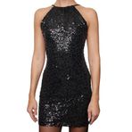 Frm Kadın Moda Şık Mini Boy Halter Yaka Fitted Vücuda Oturan Dokuma Payet Kısa Elbise, Siyah, 34