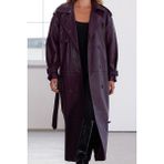 FRM Kadın Moda Şık Oversize Ceket Yaka Uzun Düz Astarlı Kemerli Oversize Suni Deri Trençkot - Bordo - 42