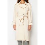 FRM Kadın Moda Şık Oversize Ceket Yaka Uzun Düz Astarlı Oversize Geniş Kesim Kemerli Trençkot - Taş - 40