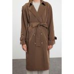 Frm Kadın Moda Şık Oversize Ceket Yaka Uzun Düz Astarlı Oversize Kuşaklı Trençkot, Kahverengi, 36