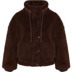 FRM Kadın Moda Şık Oversize Dik Yaka Standart Düz Astarlı Oversize Peluş Mont - Kahverengi