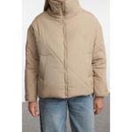 FRM Kadın Moda Şık Oversize Dik Yaka Standart Düz Astarlı Oversize Su Itici Şişme Kapitone Mont - Vizon