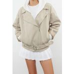 Frm Kadın Moda Şık Oversize Gömlek Yaka Standart Düz Astarlı Kemerli Gabardin Biker İnce Ceket Mont, Bej, L
