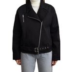 Frm Kadın Moda Şık Oversize Gömlek Yaka Standart Düz Astarlı Kemerli Gabardin Biker İnce Ceket Mont, Siyah, Xs