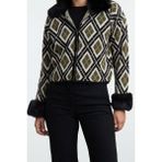 FRM Kadın Moda Şık Polo Yaka Standart Kol Regular Çıkartılabilir Suni Kürklü Simli Triko Hırka - XS - Siyah
