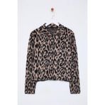 FRM Kadın Moda Şık Polo Yaka Standart Kol Regular Leopar Desenli Triko Hırka - Kahverengi