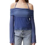 Frm Kadın Moda Şık Regular Carmen Yaka İspanyol Kol Regular Kalıp Örme Flare Kollu Bağlama Detaylı Bluz, Indigo, M