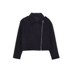 Frm Kadın Moda Şık Regular Ceket Yaka Standart Düz Astarlı Örme Kaşe Crop Biker İnce Ceket Mont, Antrasit, S