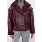 Frm Kadın Moda Şık Regular Ceket Yaka Standart Düz Astarlı Peluş Detaylı Suni Deri Biker Ceket Mont, Bordo, 2Xs