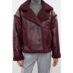 FRM Kadın Moda Şık Regular Ceket Yaka Standart Düz Astarlı Peluş Detaylı Suni Deri Biker Ceket Mont - Bordo