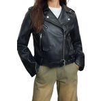 Frm Kadın Moda Şık Regular Ceket Yaka Standart Düz Astarlı Regular Suni Deri Biker Ceket Mont, Siyah, L