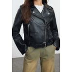 Frm Kadın Moda Şık Regular Ceket Yaka Standart Düz Astarlı Regular Suni Deri Biker Ceket Mont, Siyah, Xs