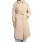 Frm Kadın Moda Şık Regular Ceket Yaka Uzun Düz Astarlı Yakası Peluş Kemerli Su İtici Parka Şişme Mont, Vizon, M