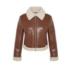 Frm Kadın Moda Şık Regular Gömlek Yaka Standart Düz Astarlı Peluş Detaylı Suni Deri Biker Ceket Mont, Kahverengi, Xs
