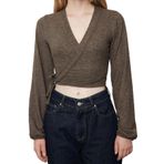 Frm Kadın Moda Şık Regular Kruvaze Yaka İspanyol Kol Slim Kalıp Örme Yumoş Bağlama Detaylı Kollu Bluz, Kahverengi, Xl