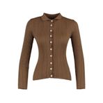 Frm Kadın Moda Şık Regular Polo Yaka Uzun Kol Düz Fitilli Polo Yaka Triko Hırka, Kahverengi, Xs