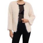 Frm Kadın Moda Şık Regular V Yaka Regular Tüylü Mont Görünümlü Triko Hırka, Bej, S