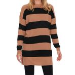 Frm Kadın Moda Şık Tesettür Bisiklet Yaka Düşük Kol Midi Kahverengi Çizgili Triko Kazak, Açık Kahverengi, L/Xl