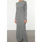 FRM Kadın Moda Şık Tesettür Maxi Boy Bisiklet Yaka Fitted Gri Düğme Detaylı Triko Elbise - Gri Melanj