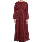 Frm Kadın Moda Şık Tesettür Maxi Boy Bisiklet Yaka Regular Şifon Şerit Detaylı Desenli Dokuma Elbise, Bordo, 38
