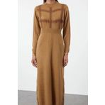 Frm Kadın Moda Şık Tesettür Maxi Boy Dik Yaka Fitted Dantel Detalı Yumuşak Dokulu Triko Elbise, Bej, Xl