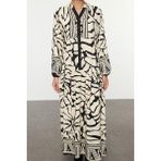 FRM Kadın Moda Şık Tesettür Maxi Boy Hakim Yaka Relaxed Geometrik Desenli Viskon Dokuma Elbise - 40 - Bej