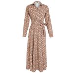 Frm Kadın Moda Şık Tesettür Maxi Boy Kruvaze Regular Mono Desenli Kuşaklı Saten Dokuma Elbise, Ekru, 38