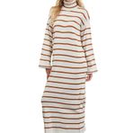 Frm Kadın Moda Şık Tesettür Maxi Boy Yarım Balıkçı Yaka Relaxed Çizgili İnce Triko Elbise, Kiremit, L