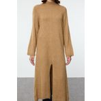 Frm Kadın Moda Şık Tesettür Maxi Boy Yarım Balıkçı Yaka Relaxed Yumuşak Dokulu Lı Triko Tunik Elbise, Camel, Xl