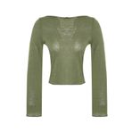 Frm Kadın Moda Şık Üst Giyim Crop Bisiklet Yaka İspanyol Kol Regular Kalıp Örme Kayık Yaka Fit Bluz, Haki, Xs