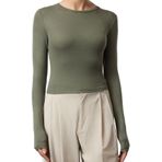 Frm Kadın Moda Şık Üst Giyim Crop Bisiklet Yaka Slim Kalıp Örme Viskon Esnek Bluz, Haki, L