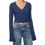 Frm Kadın Moda Şık Üst Giyim Crop Kruvaze Yaka İspanyol Kol Regular Kalıp Örme Bluz, Koyu Indigo, Xl