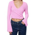 Frm Kadın Moda Şık Üst Giyim Crop Kruvaze Yaka Ispanyol Kol Regular Kalıp Örme Bluz, Pembe, L