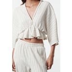Frm Kadın Moda Şık Üst Giyim Regular V Yaka Mendil Kol Regular Kalıp Dokuma Dokulu Kumaş Volanlı Bluz, Ekru, 40
