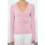 Frm Kadın Moda Şık Üst Giyim Regular V Yaka Slim Kalıp Örme Büzgü Drape Detaylı Vücuda Oturan Esnek Bluz, Pudra, L